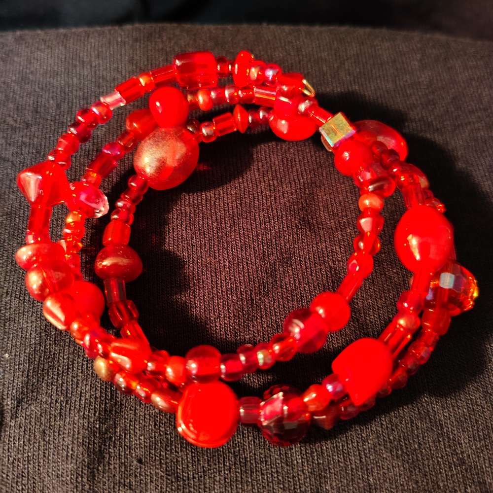 HANDMADE Red Glass Beaded Wrap Bracelet, Stainless Steel Memory Wire, 3 Loops